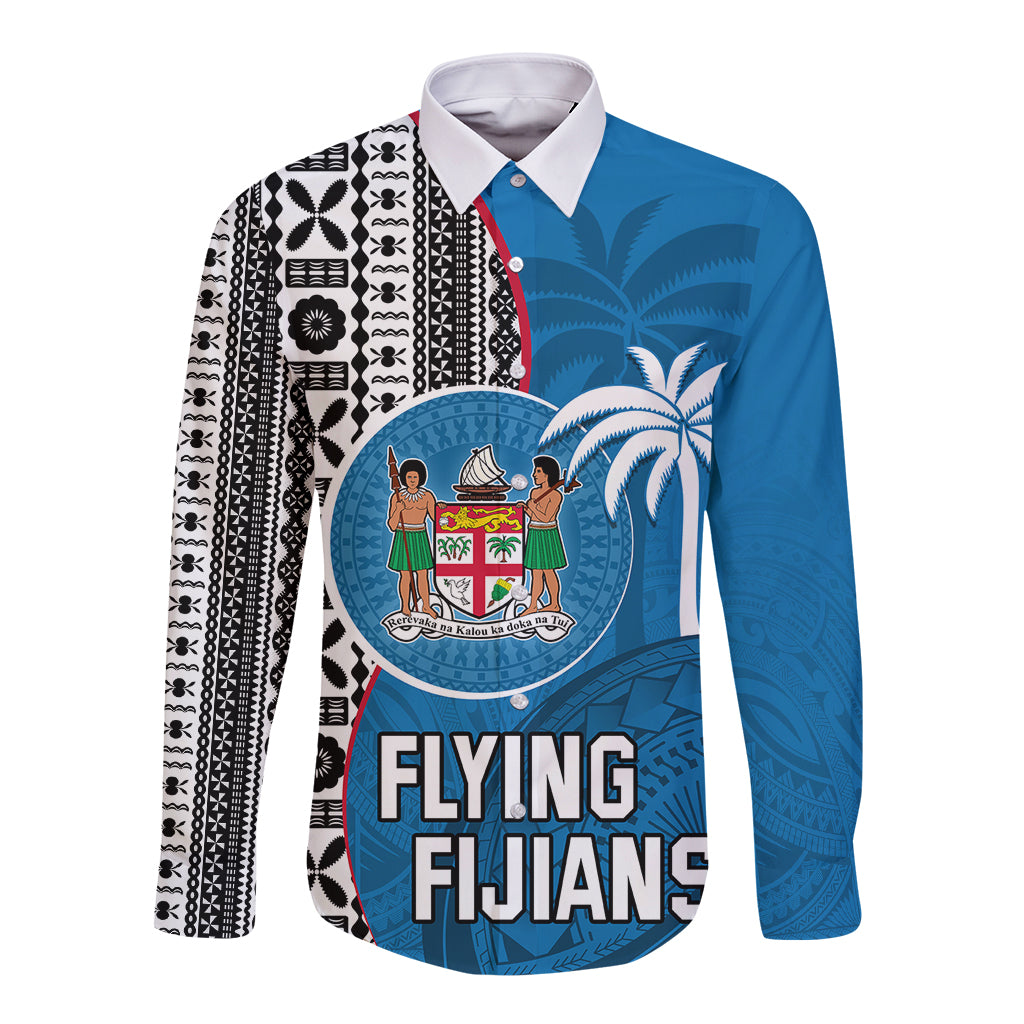 custom-fiji-rugby-long-sleeve-button-shirt-coat-of-arms-palm-tree-mix-polynesia-tapa-pattern
