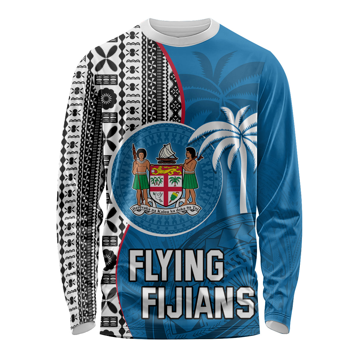 Custom Fiji Rugby Long Sleeve Shirt Coat of Arms Palm Tree Mix Polynesia Tapa Pattern LT03 Unisex Blue - Polynesian Pride