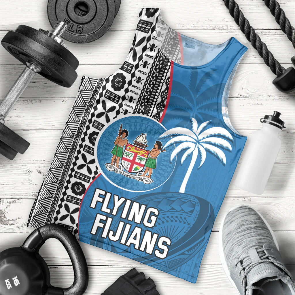 Custom Fiji Rugby Men Tank Top Coat of Arms Palm Tree Mix Polynesia Tapa Pattern LT03 Blue - Polynesian Pride