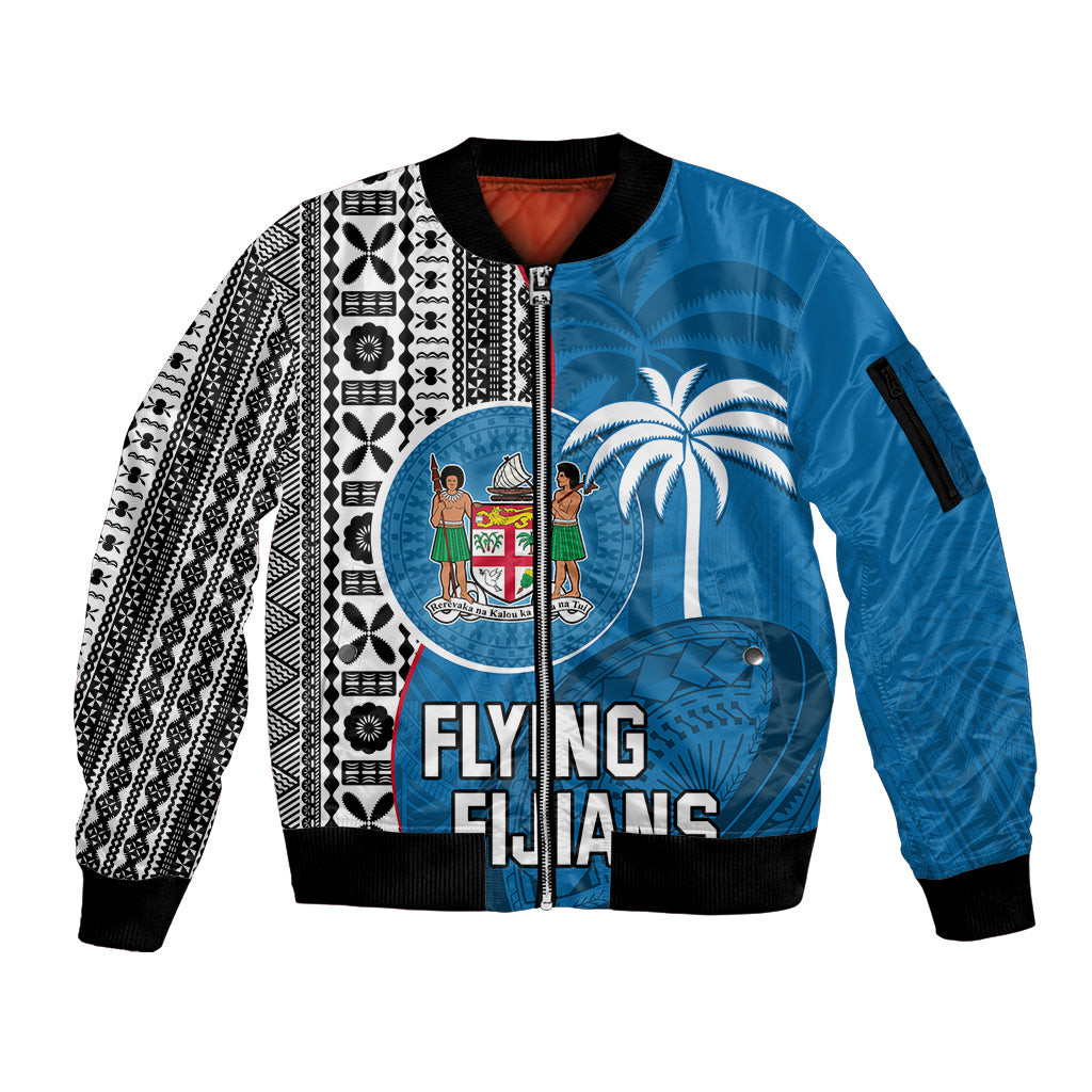 Custom Fiji Rugby Sleeve Zip Bomber Jacket Coat of Arms Palm Tree Mix Polynesia Tapa Pattern LT03 Unisex Blue - Polynesian Pride