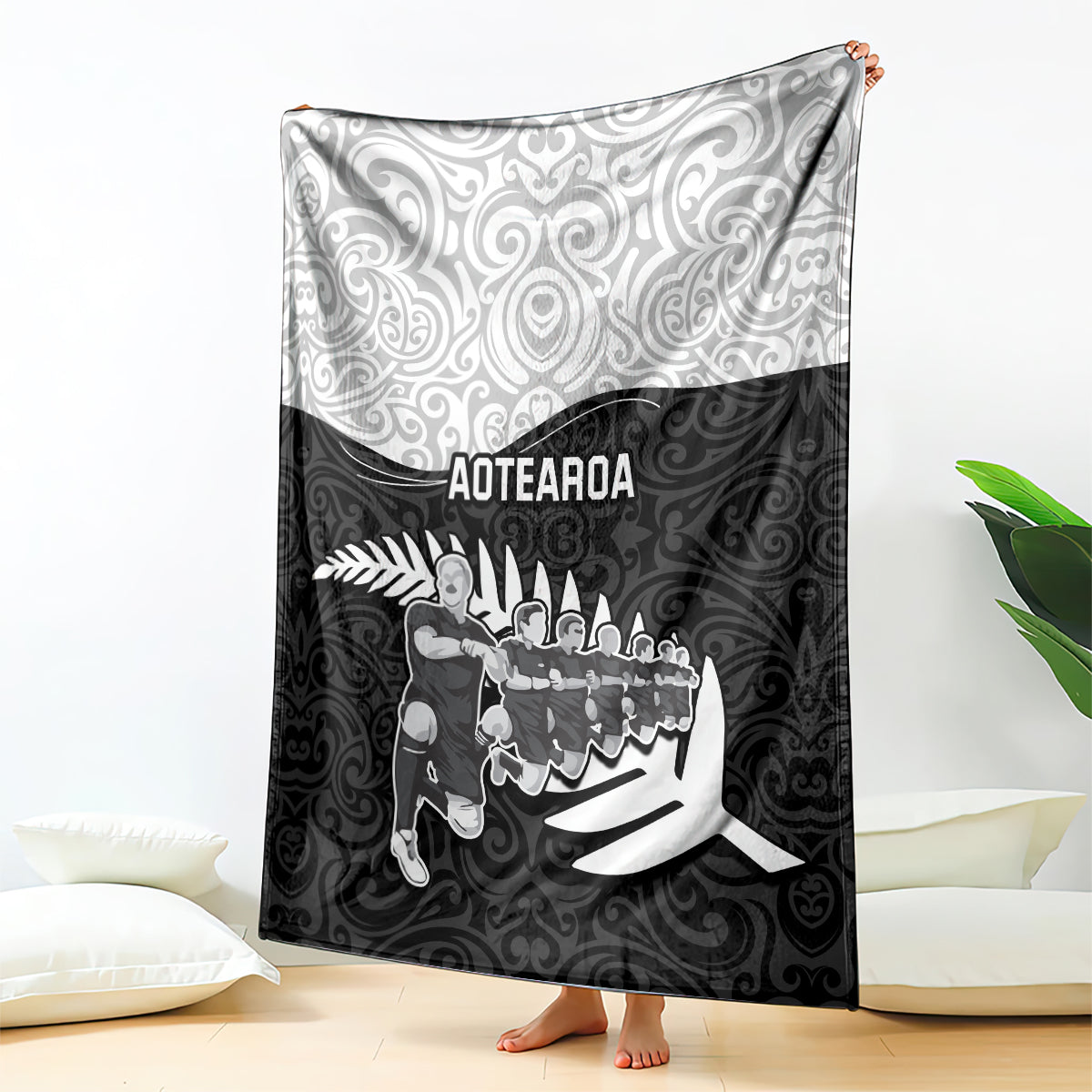 New Zealand World Cup 2023 Blanket Aotearoa Haka Rugby with Silver Fern Maori Ethnic Pattern LT03 Black - Polynesian Pride