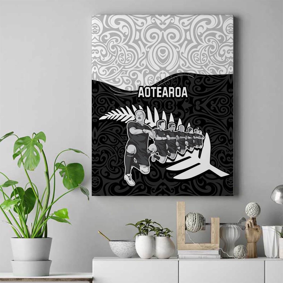 New Zealand World Cup 2023 Canvas Wall Art Aotearoa Haka Rugby with Silver Fern Maori Ethnic Pattern LT03 Black - Polynesian Pride