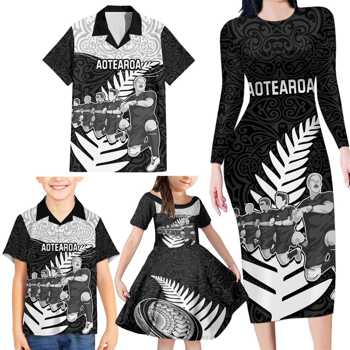 New Zealand World Cup 2023 Family Matching Long Sleeve Bodycon Dress and Hawaiian Shirt Aotearoa Haka Rugby with Silver Fern Maori Ethnic Pattern LT03 - Polynesian Pride