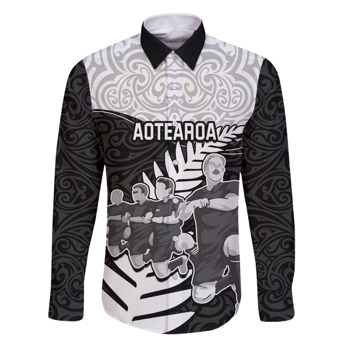 New Zealand World Cup 2023 Family Matching Long Sleeve Bodycon Dress and Hawaiian Shirt Aotearoa Haka Rugby with Silver Fern Maori Ethnic Pattern LT03 Dad's Shirt - Long Sleeve Black - Polynesian Pride