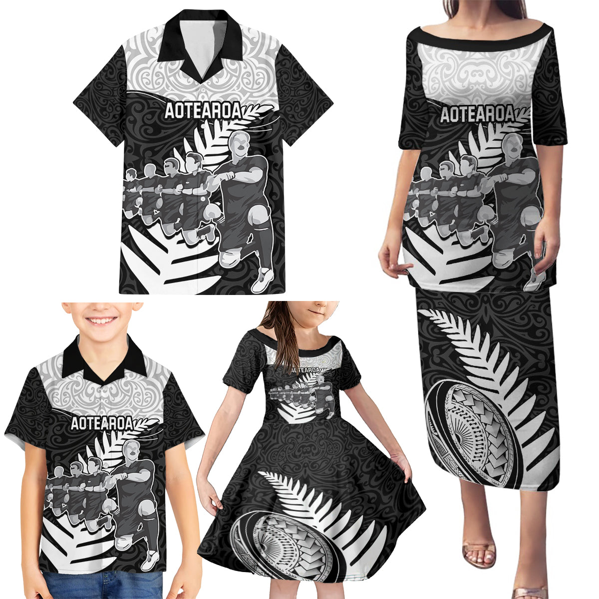 New Zealand World Cup 2023 Family Matching Puletasi Dress and Hawaiian Shirt Aotearoa Haka Rugby with Silver Fern Maori Ethnic Pattern LT03 - Polynesian Pride