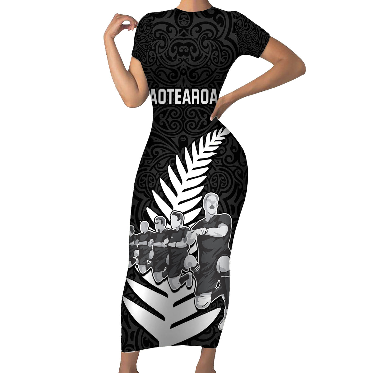 New Zealand World Cup 2023 Family Matching Short Sleeve Bodycon Dress and Hawaiian Shirt Aotearoa Haka Rugby with Silver Fern Maori Ethnic Pattern LT03 Mom's Dress Black - Polynesian Pride