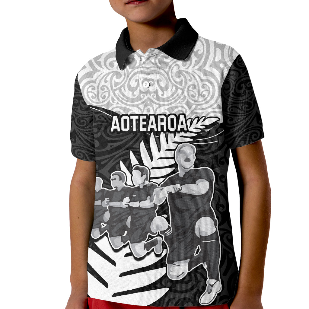 New Zealand World Cup 2023 Kid Polo Shirt Aotearoa Haka Rugby with Silver Fern Maori Ethnic Pattern LT03 Kid Black - Polynesian Pride