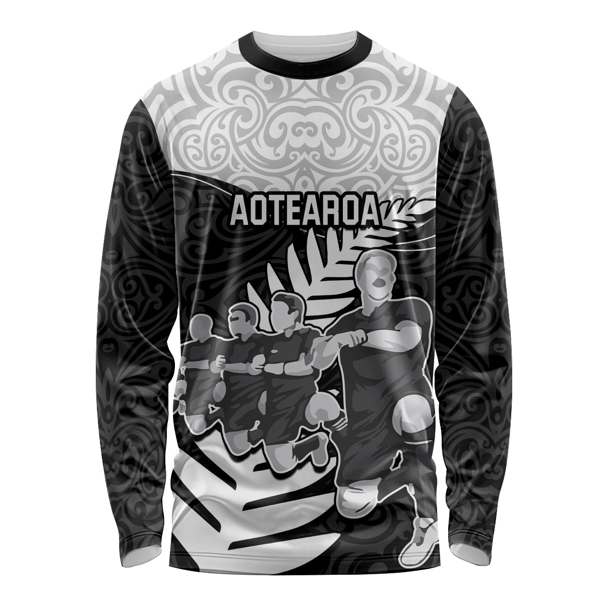 New Zealand World Cup 2023 Long Sleeve Shirt Aotearoa Haka Rugby with Silver Fern Maori Ethnic Pattern LT03 Unisex Black - Polynesian Pride