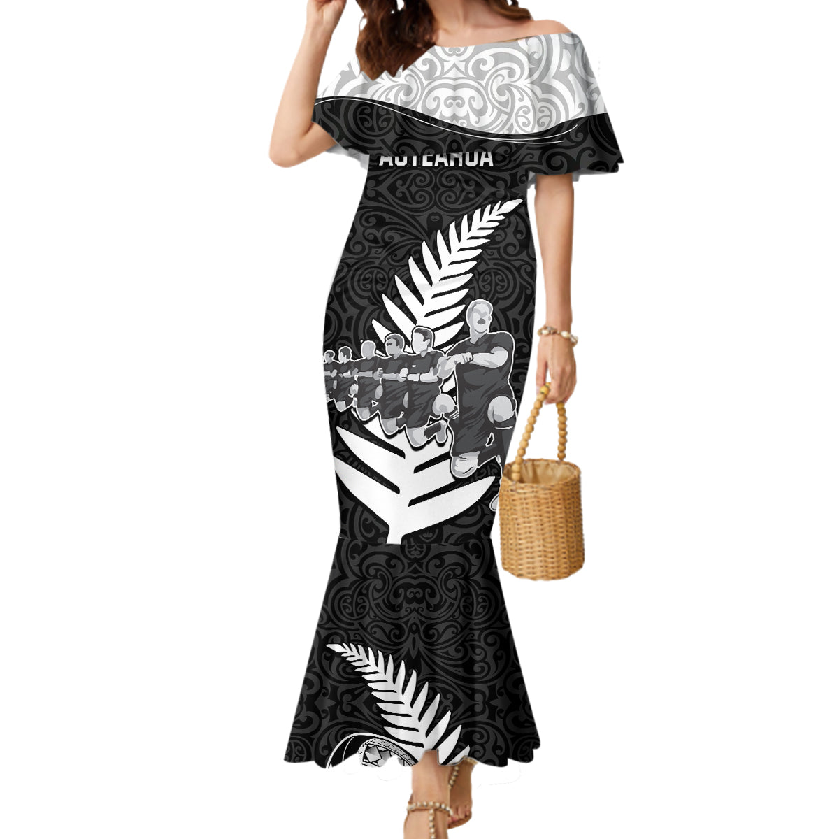 New Zealand World Cup 2023 Mermaid Dress Aotearoa Haka Rugby with Silver Fern Maori Ethnic Pattern LT03 Women Black - Polynesian Pride