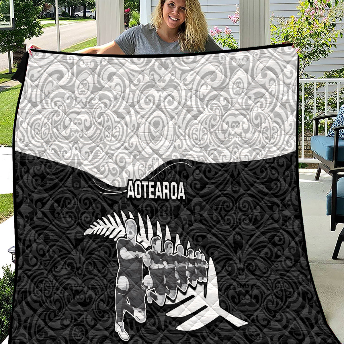 New Zealand World Cup 2023 Quilt Aotearoa Haka Rugby with Silver Fern Maori Ethnic Pattern LT03 Black - Polynesian Pride