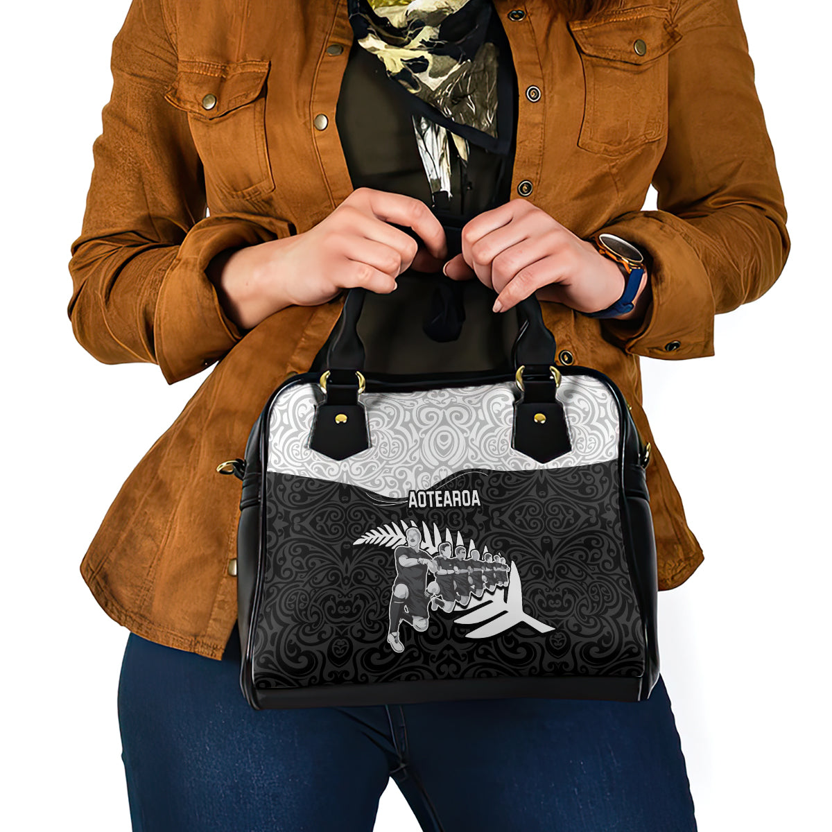 New Zealand World Cup 2023 Shoulder Handbag Aotearoa Haka Rugby with Silver Fern Maori Ethnic Pattern LT03 - Polynesian Pride