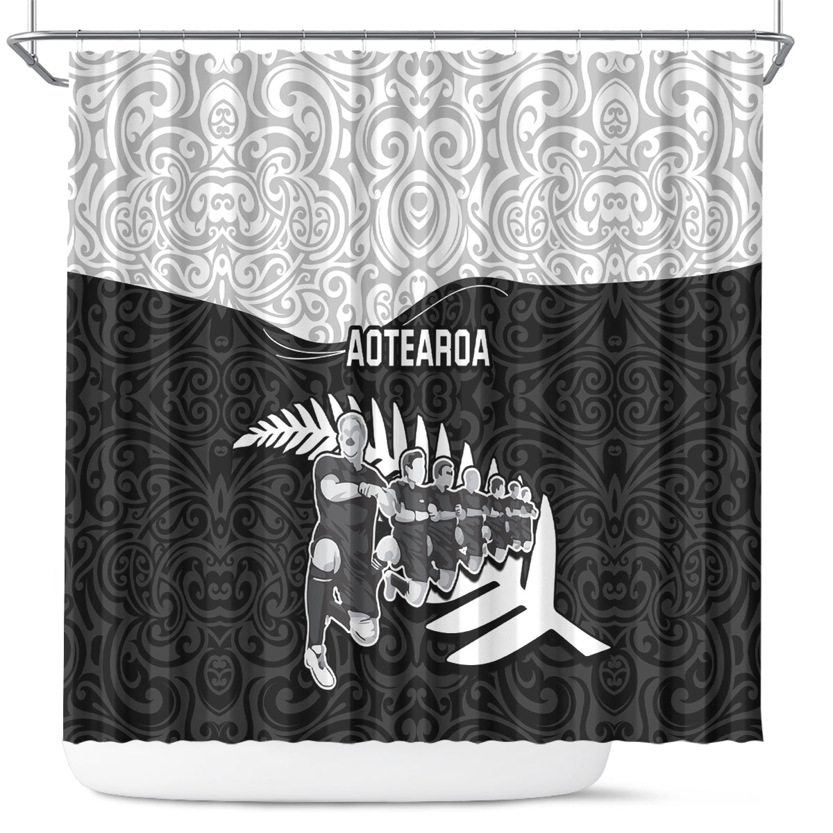 New Zealand World Cup 2023 Shower Curtain Aotearoa Haka Rugby with Silver Fern Maori Ethnic Pattern LT03 Black - Polynesian Pride