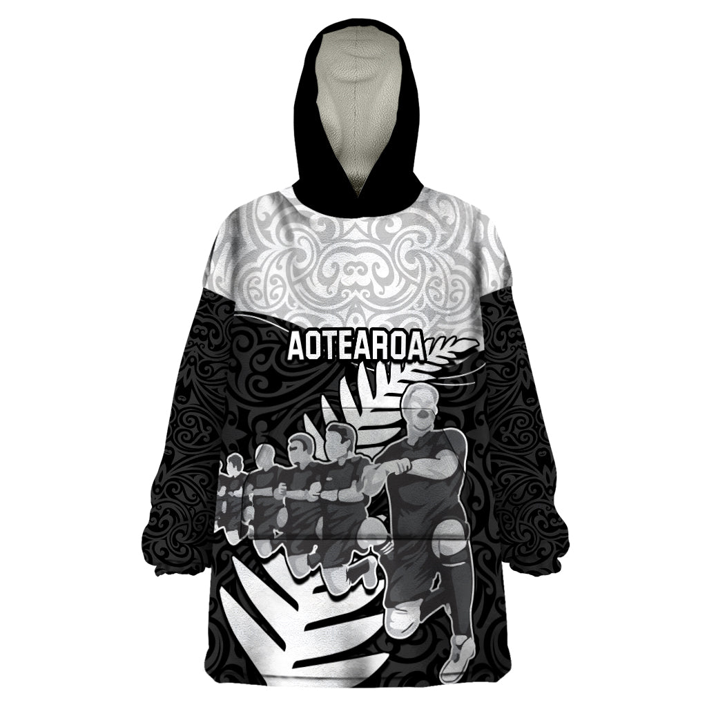 New Zealand World Cup 2023 Wearable Blanket Hoodie Aotearoa Haka Rugby with Silver Fern Maori Ethnic Pattern LT03 One Size Black - Polynesian Pride