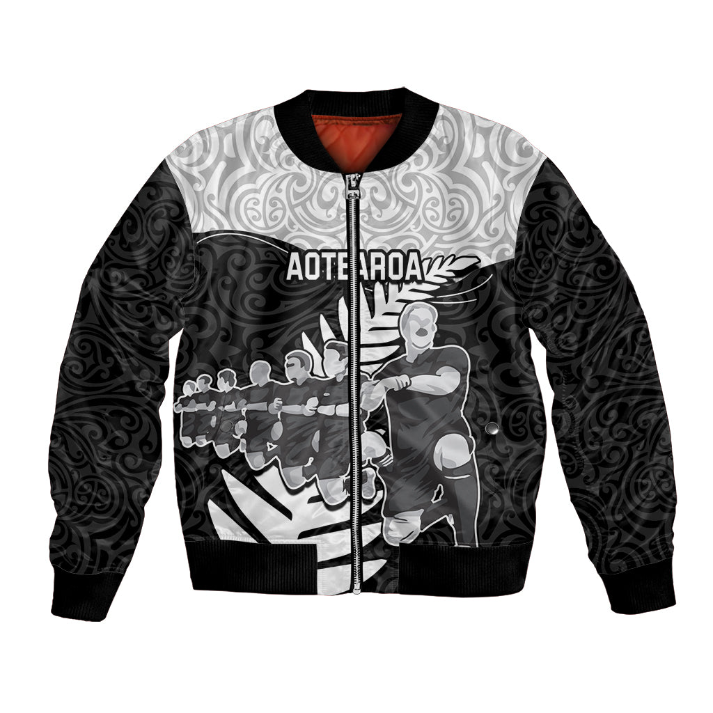 Custom New Zealand World Cup 2023 Bomber Jacket Aotearoa Haka Rugby with Silver Fern Maori Ethnic Pattern LT03 Unisex Black - Polynesian Pride