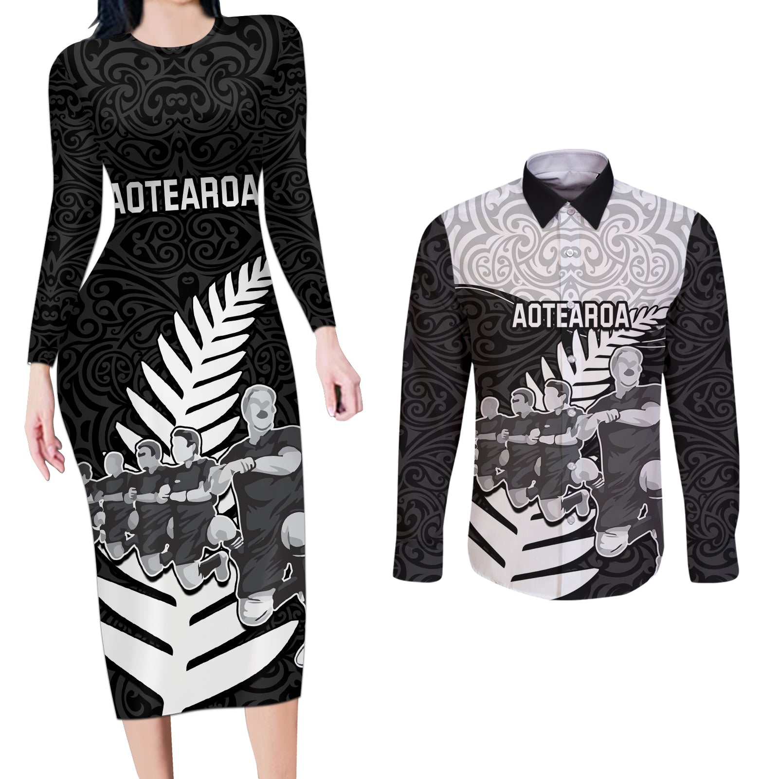 Custom New Zealand World Cup 2023 Couples Matching Long Sleeve Bodycon Dress and Long Sleeve Button Shirt Aotearoa Haka Rugby with Silver Fern Maori Ethnic Pattern LT03 Black - Polynesian Pride