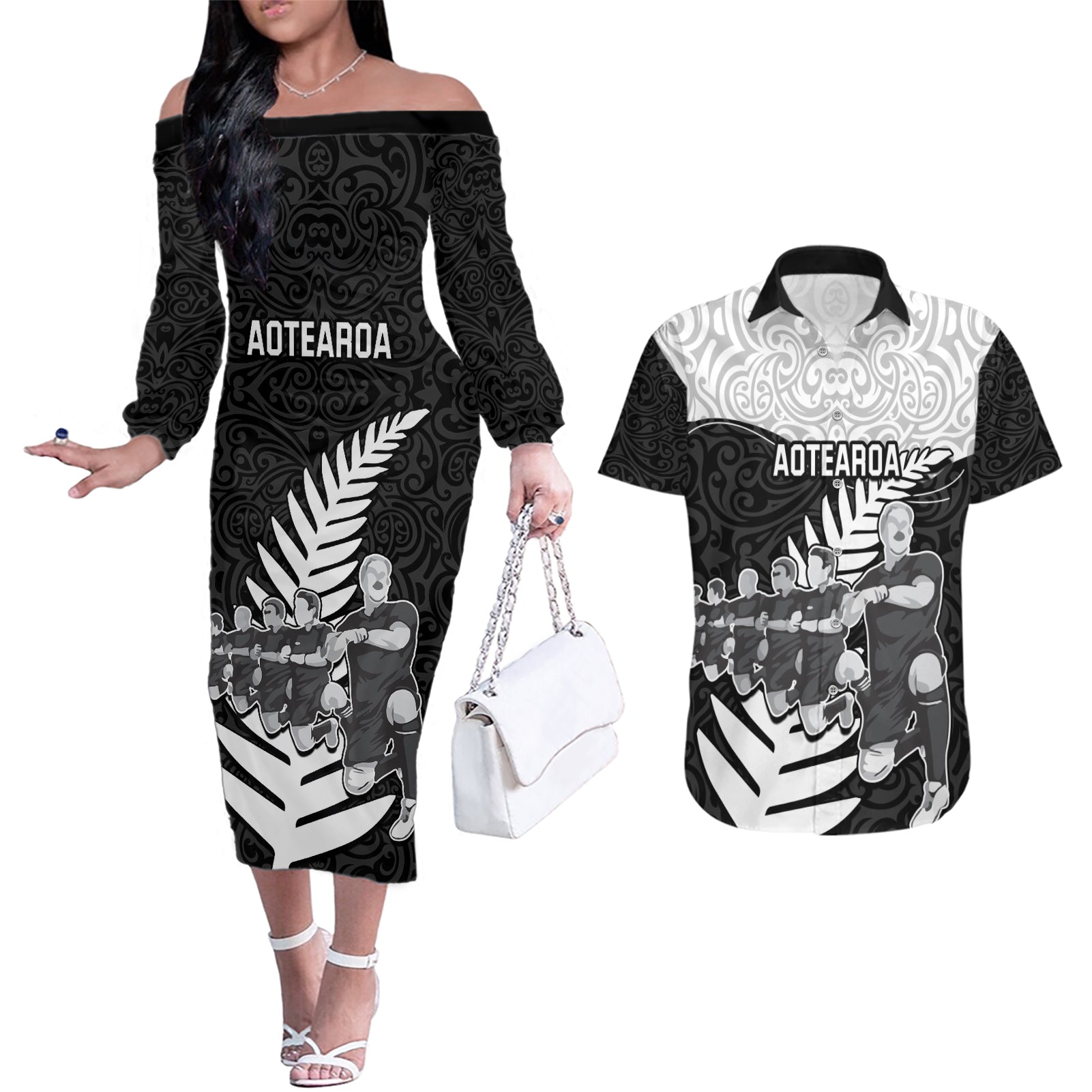 Custom New Zealand World Cup 2023 Couples Matching Off The Shoulder Long Sleeve Dress and Hawaiian Shirt Aotearoa Haka Rugby with Silver Fern Maori Ethnic Pattern LT03 Black - Polynesian Pride