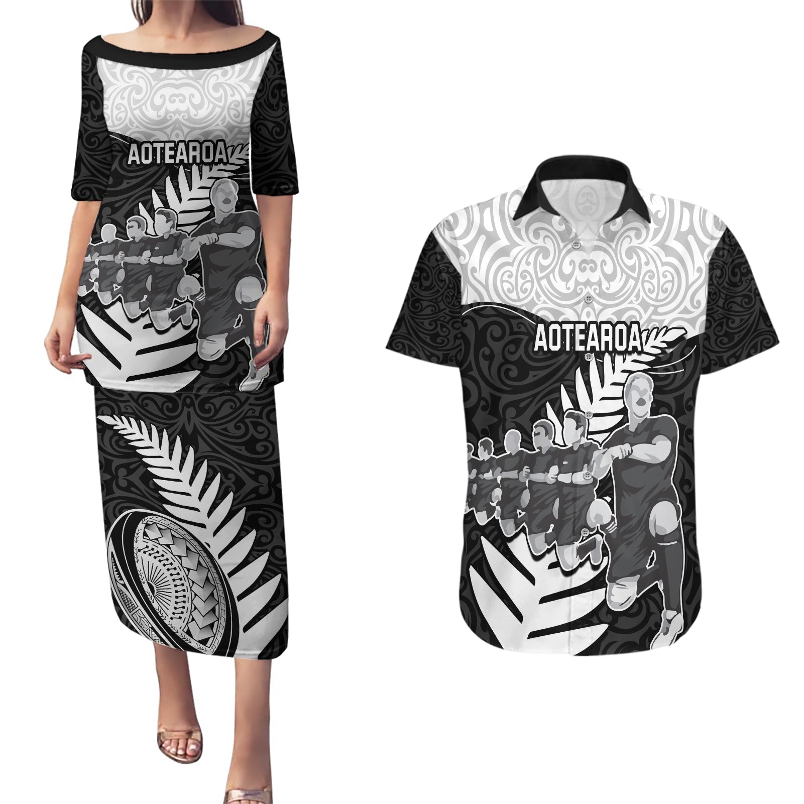 Custom New Zealand World Cup 2023 Couples Matching Puletasi Dress and Hawaiian Shirt Aotearoa Haka Rugby with Silver Fern Maori Ethnic Pattern LT03 Black - Polynesian Pride