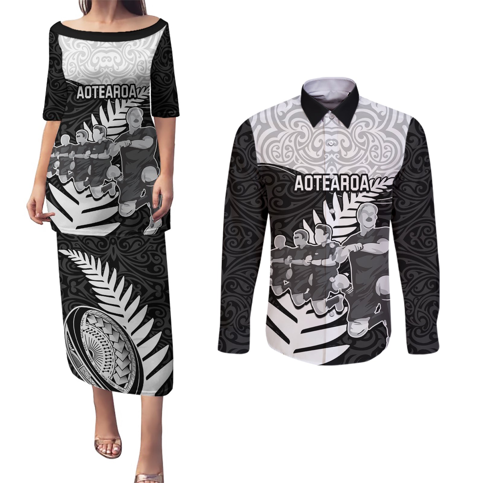 Custom New Zealand World Cup 2023 Couples Matching Puletasi Dress and Long Sleeve Button Shirt Aotearoa Haka Rugby with Silver Fern Maori Ethnic Pattern LT03 Black - Polynesian Pride