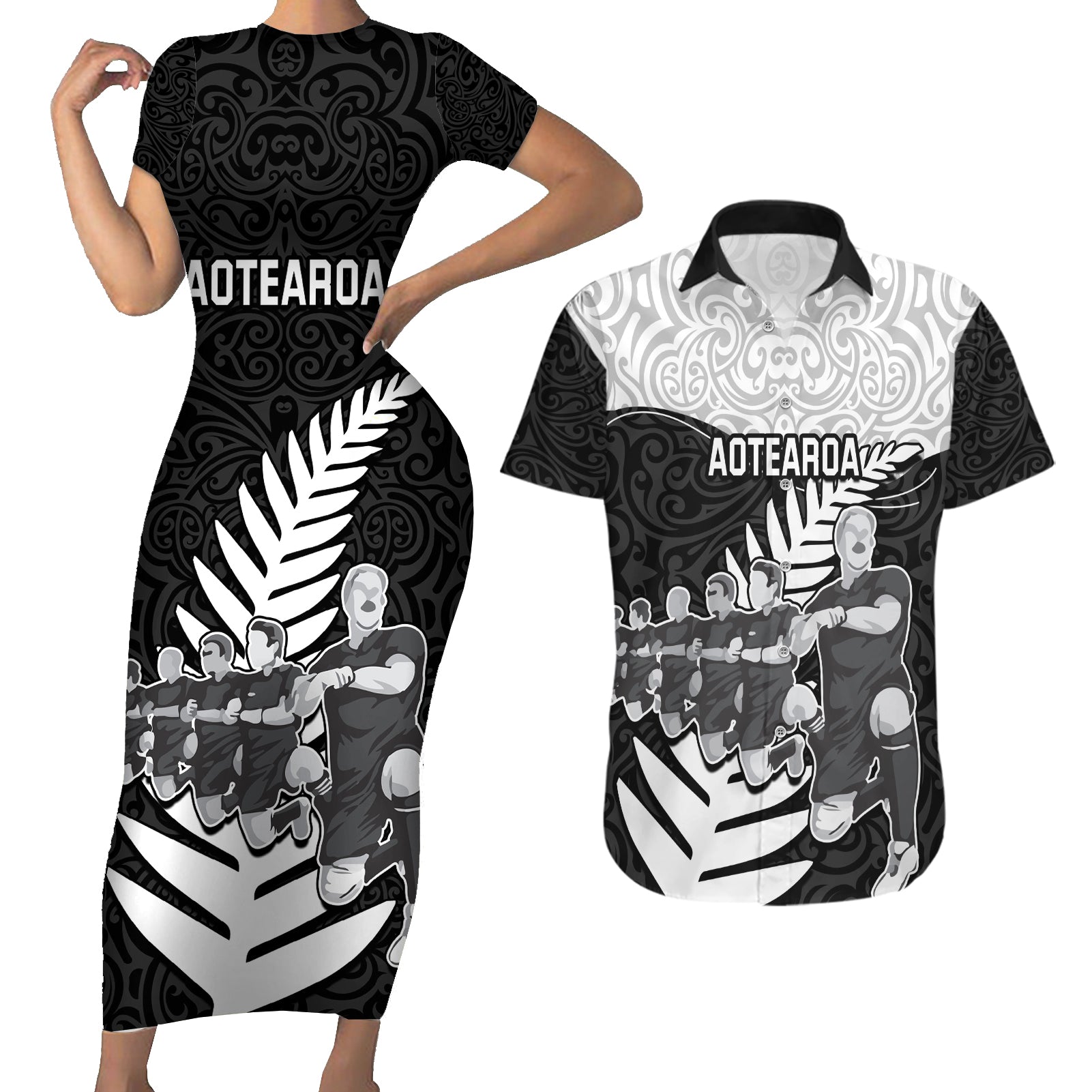 Custom New Zealand World Cup 2023 Couples Matching Short Sleeve Bodycon Dress and Hawaiian Shirt Aotearoa Haka Rugby with Silver Fern Maori Ethnic Pattern LT03 Black - Polynesian Pride