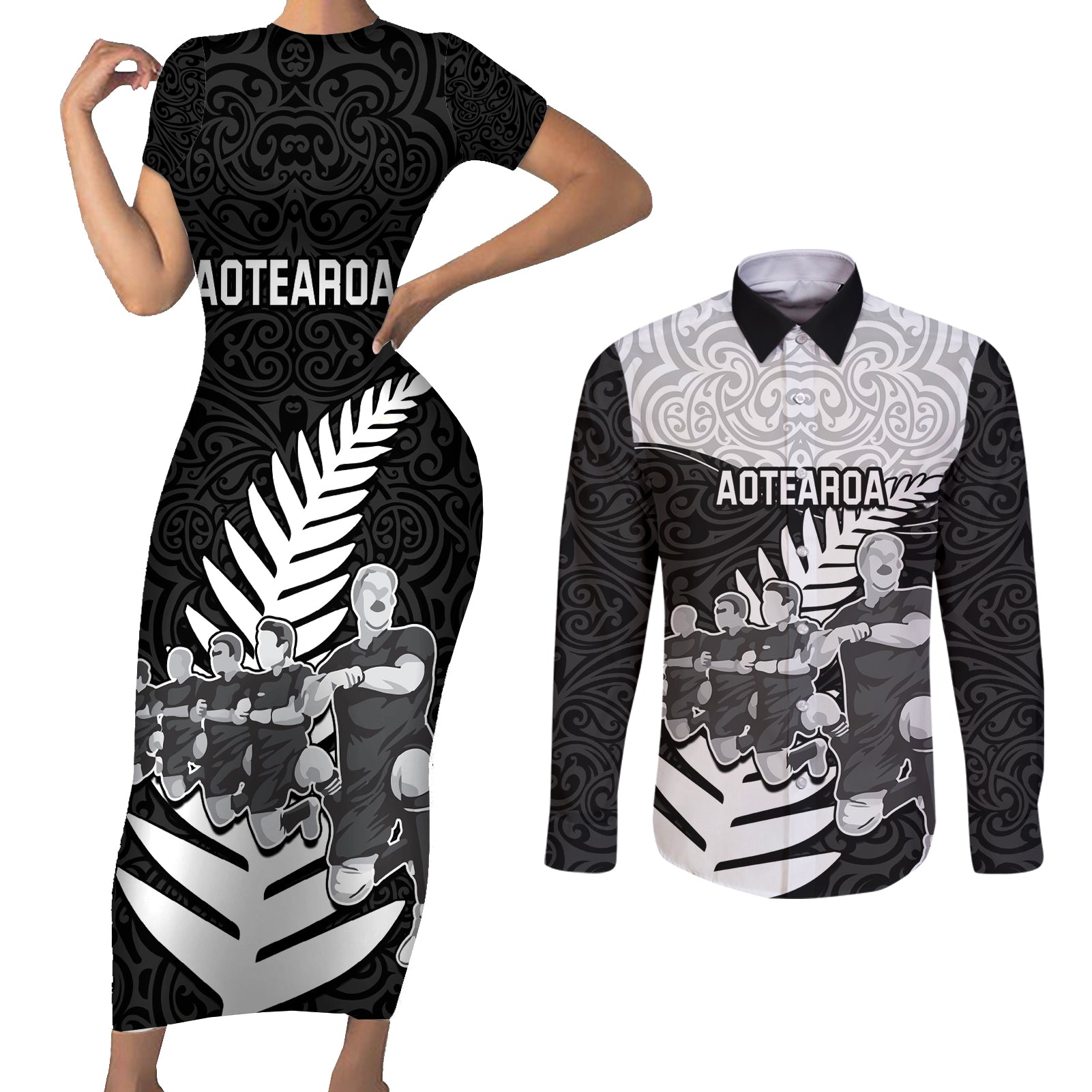 Custom New Zealand World Cup 2023 Couples Matching Short Sleeve Bodycon Dress and Long Sleeve Button Shirt Aotearoa Haka Rugby with Silver Fern Maori Ethnic Pattern LT03 Black - Polynesian Pride