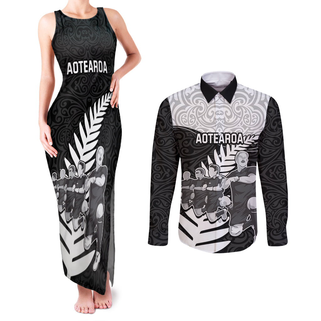 Custom New Zealand World Cup 2023 Couples Matching Tank Maxi Dress and Long Sleeve Button Shirt Aotearoa Haka Rugby with Silver Fern Maori Ethnic Pattern LT03 Black - Polynesian Pride