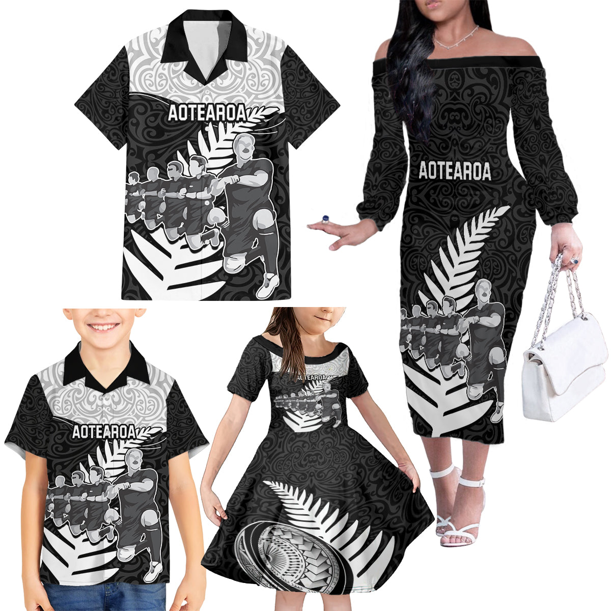 Custom New Zealand World Cup 2023 Family Matching Off Shoulder Long Sleeve Dress and Hawaiian Shirt Aotearoa Haka Rugby with Silver Fern Maori Ethnic Pattern LT03 - Polynesian Pride