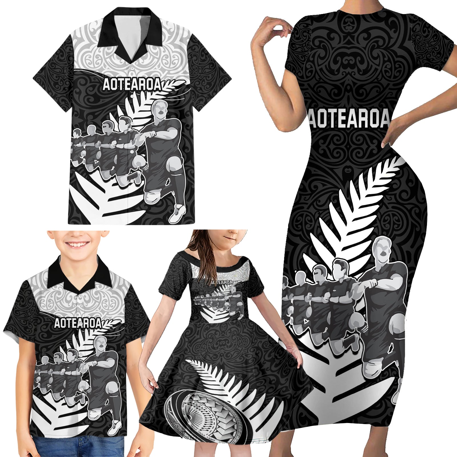 Custom New Zealand World Cup 2023 Family Matching Short Sleeve Bodycon Dress and Hawaiian Shirt Aotearoa Haka Rugby with Silver Fern Maori Ethnic Pattern LT03 - Polynesian Pride