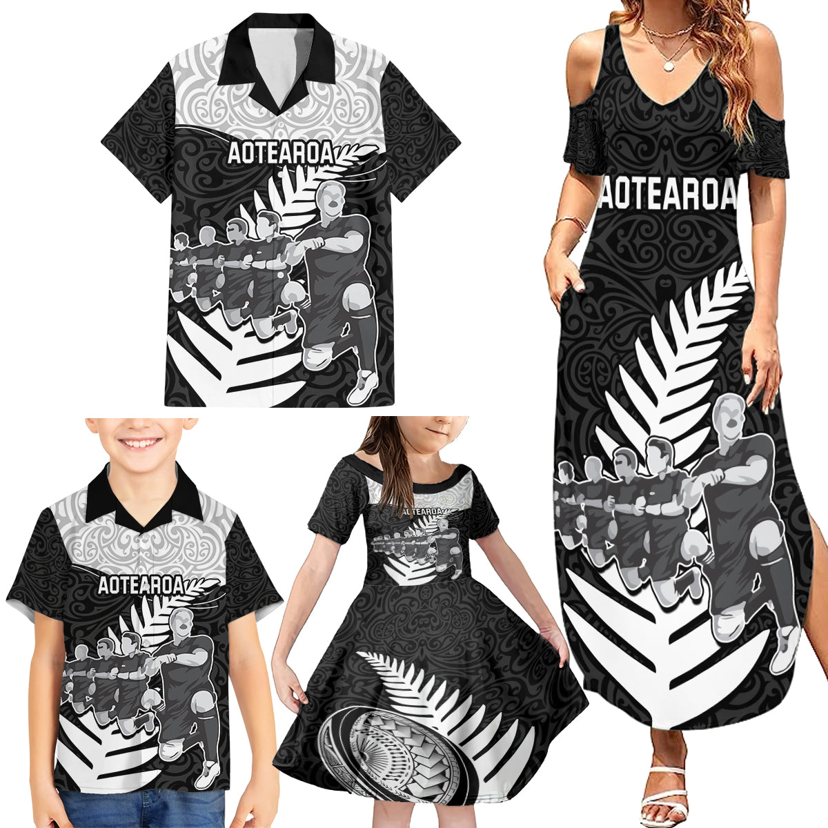 Custom New Zealand World Cup 2023 Family Matching Summer Maxi Dress and Hawaiian Shirt Aotearoa Haka Rugby with Silver Fern Maori Ethnic Pattern LT03 - Polynesian Pride