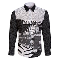 Custom New Zealand World Cup 2023 Family Matching Summer Maxi Dress and Hawaiian Shirt Aotearoa Haka Rugby with Silver Fern Maori Ethnic Pattern LT03 Dad's Shirt - Long Sleeve Black - Polynesian Pride