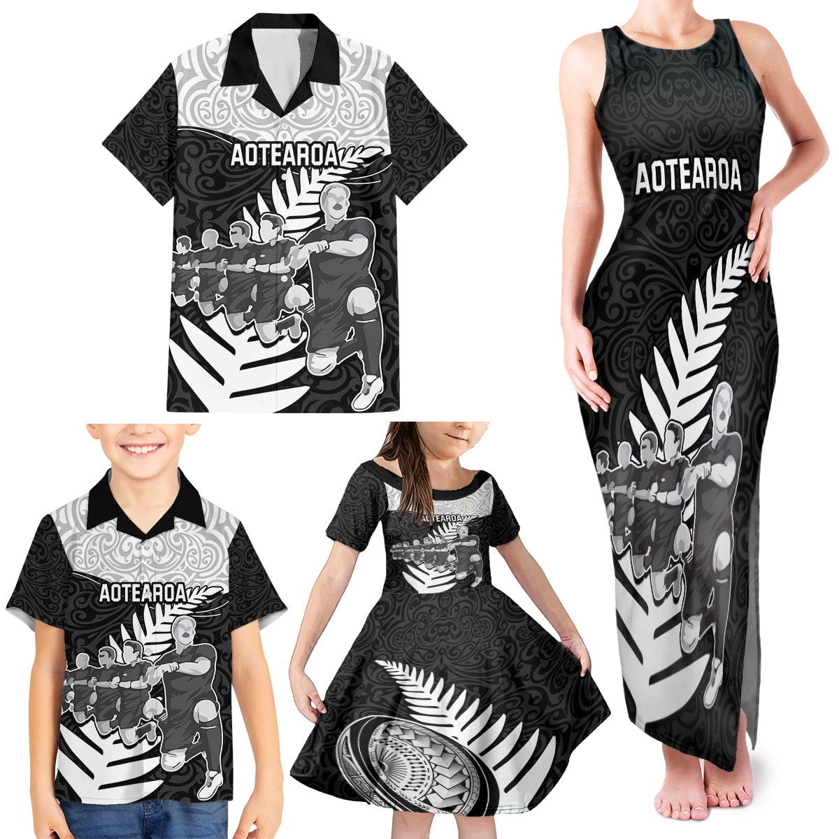 Custom New Zealand World Cup 2023 Family Matching Tank Maxi Dress and Hawaiian Shirt Aotearoa Haka Rugby with Silver Fern Maori Ethnic Pattern LT03 - Polynesian Pride