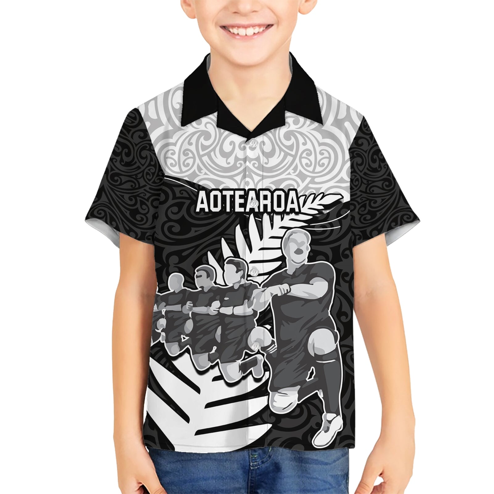 Custom New Zealand World Cup 2023 Kid Hawaiian Shirt Aotearoa Haka Rugby with Silver Fern Maori Ethnic Pattern LT03 Kid Black - Polynesian Pride