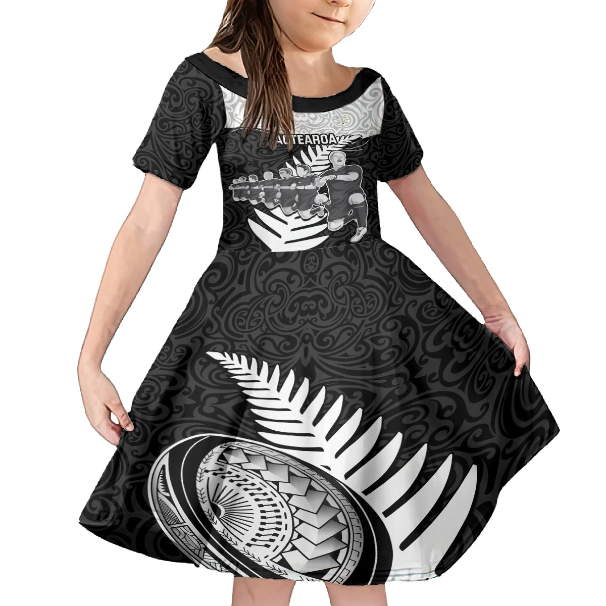 Custom New Zealand World Cup 2023 Kid Short Sleeve Dress Aotearoa Haka Rugby with Silver Fern Maori Ethnic Pattern LT03 KID Black - Polynesian Pride