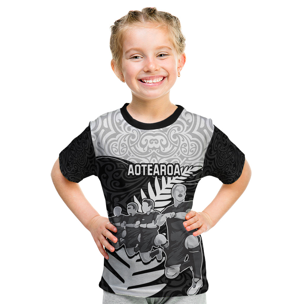 Custom New Zealand World Cup 2023 Kid T Shirt Aotearoa Haka Rugby with Silver Fern Maori Ethnic Pattern LT03 Black - Polynesian Pride