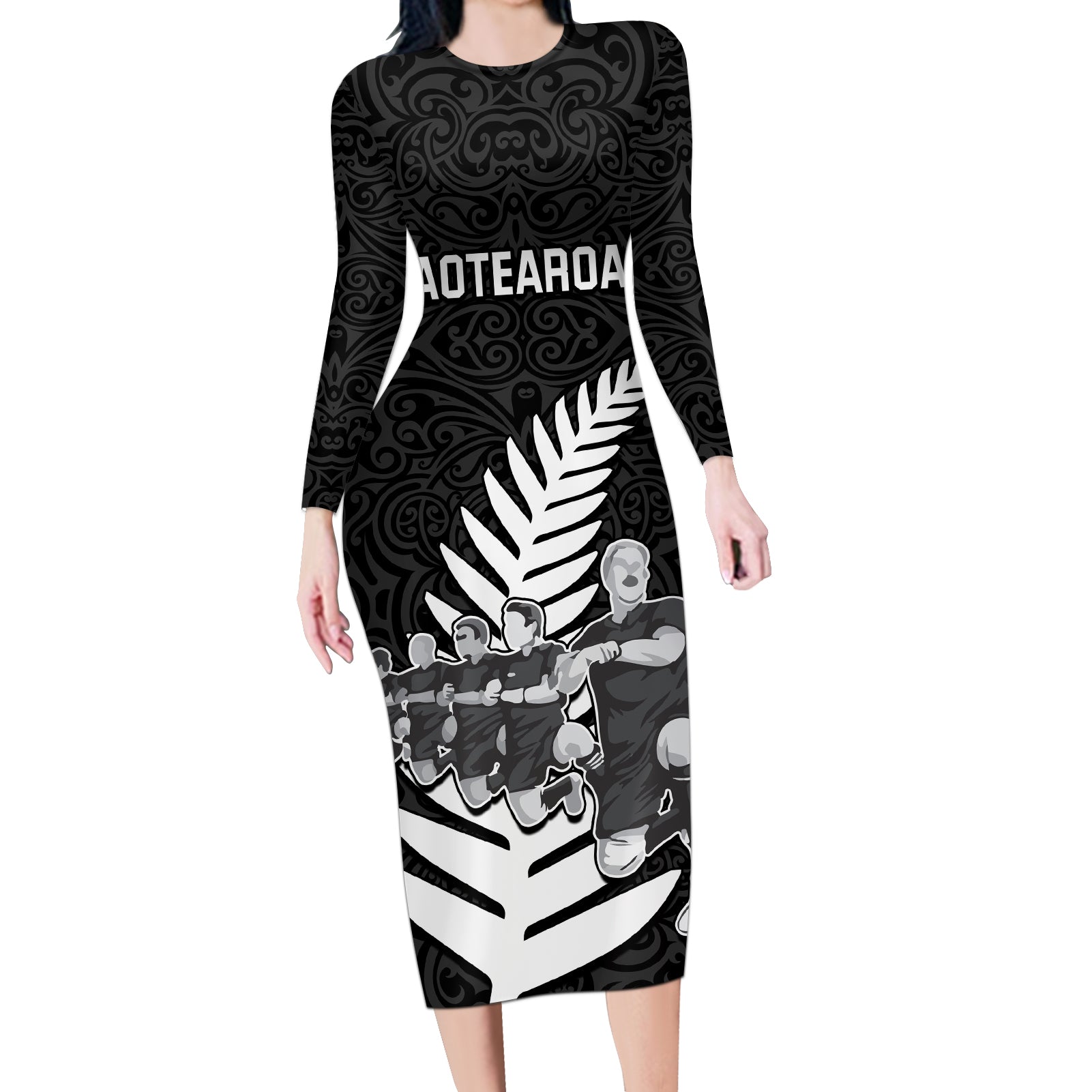 Custom New Zealand World Cup 2023 Long Sleeve Bodycon Dress Aotearoa Haka Rugby with Silver Fern Maori Ethnic Pattern LT03 Long Dress Black - Polynesian Pride