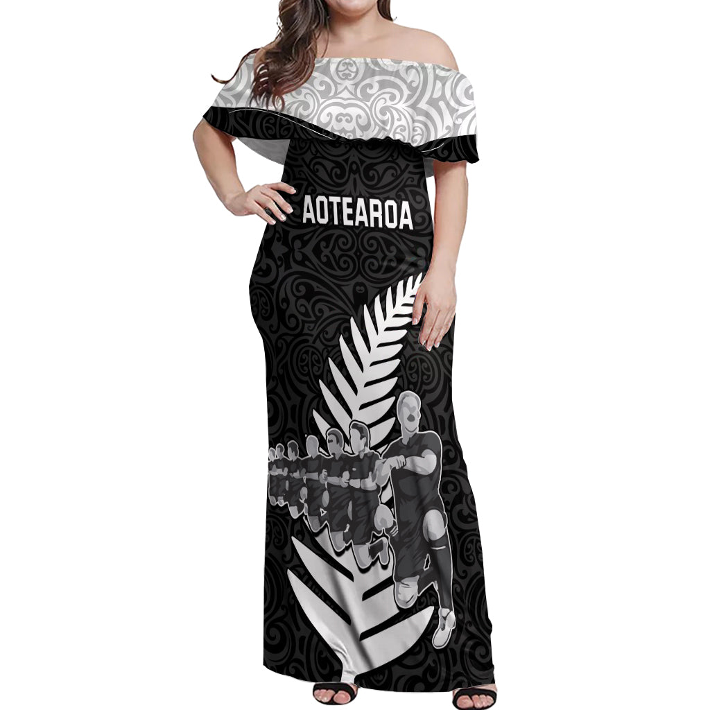 Custom New Zealand World Cup 2023 Off Shoulder Maxi Dress Aotearoa Haka Rugby with Silver Fern Maori Ethnic Pattern LT03 Women Black - Polynesian Pride