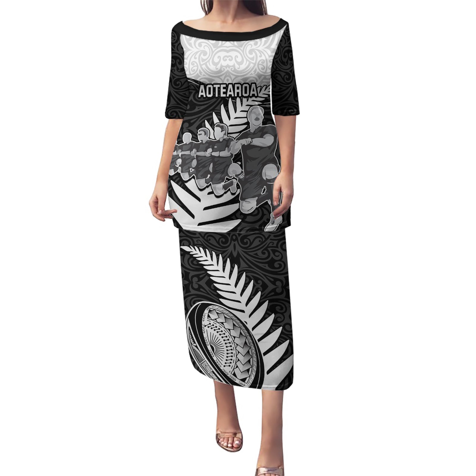 Custom New Zealand World Cup 2023 Puletasi Aotearoa Haka Rugby with Silver Fern Maori Ethnic Pattern LT03 Long Dress Black - Polynesian Pride