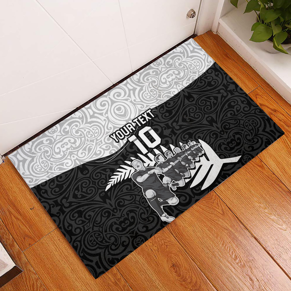 Custom New Zealand World Cup 2023 Rubber Doormat Aotearoa Haka Rugby with Silver Fern Maori Ethnic Pattern LT03 Black - Polynesian Pride