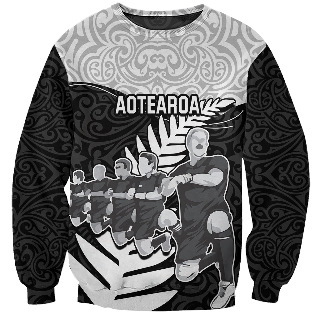 Custom New Zealand World Cup 2023 Sweatshirt Aotearoa Haka Rugby with Silver Fern Maori Ethnic Pattern LT03 Unisex Black - Polynesian Pride