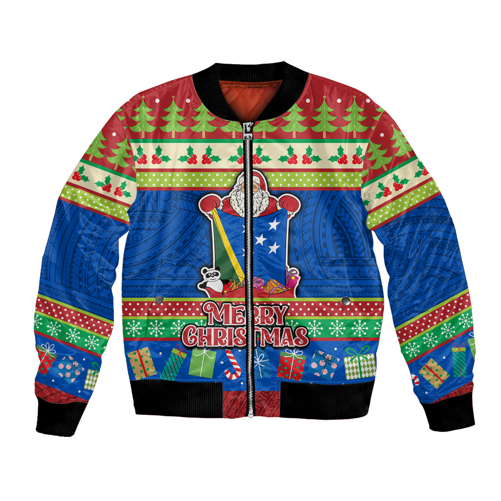 Solomon Islands Christmas Bomber Jacket Santa With Flag Of Solomon Polynesian Tribal Xmas Vibe LT03 Unisex Blue - Polynesian Pride