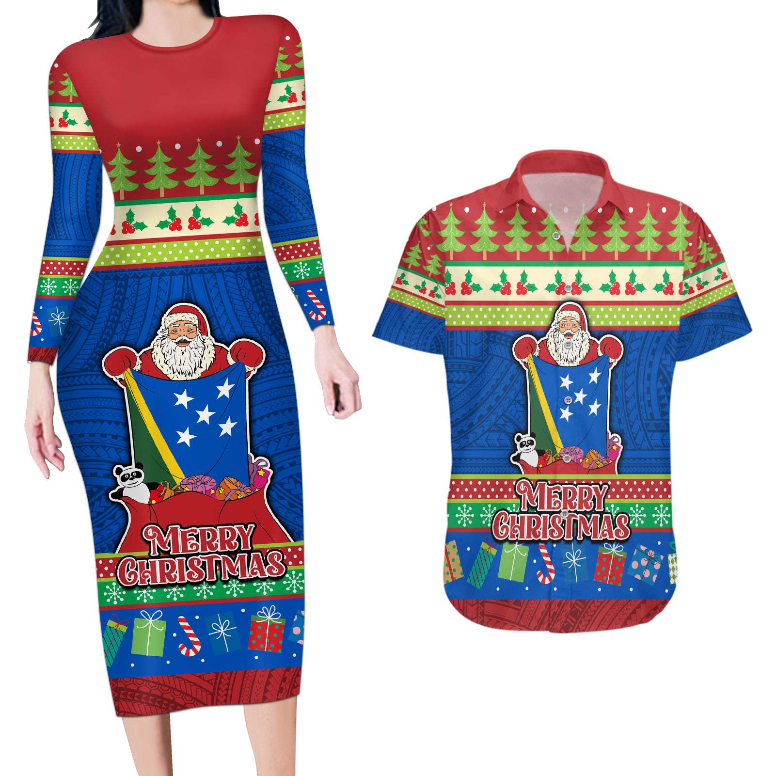 Solomon Islands Christmas Couples Matching Long Sleeve Bodycon Dress and Hawaiian Shirt Santa With Flag Of Solomon Polynesian Tribal Xmas Vibe LT03 Blue - Polynesian Pride