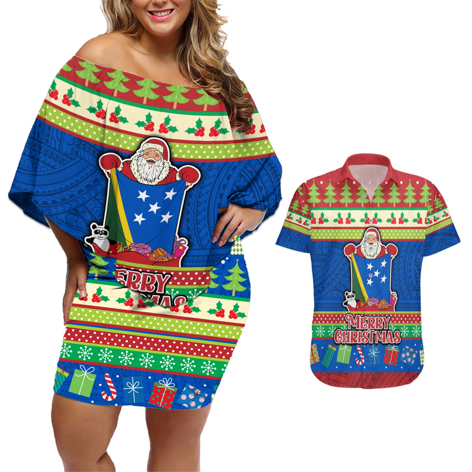 Solomon Islands Christmas Couples Matching Off Shoulder Short Dress and Hawaiian Shirt Santa With Flag Of Solomon Polynesian Tribal Xmas Vibe LT03 Blue - Polynesian Pride