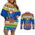 Solomon Islands Christmas Couples Matching Off Shoulder Short Dress and Long Sleeve Button Shirt Santa With Flag Of Solomon Polynesian Tribal Xmas Vibe LT03 Blue - Polynesian Pride