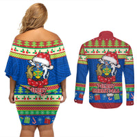 Solomon Islands Christmas Couples Matching Off Shoulder Short Dress and Long Sleeve Button Shirt Santa With Flag Of Solomon Polynesian Tribal Xmas Vibe LT03 - Polynesian Pride