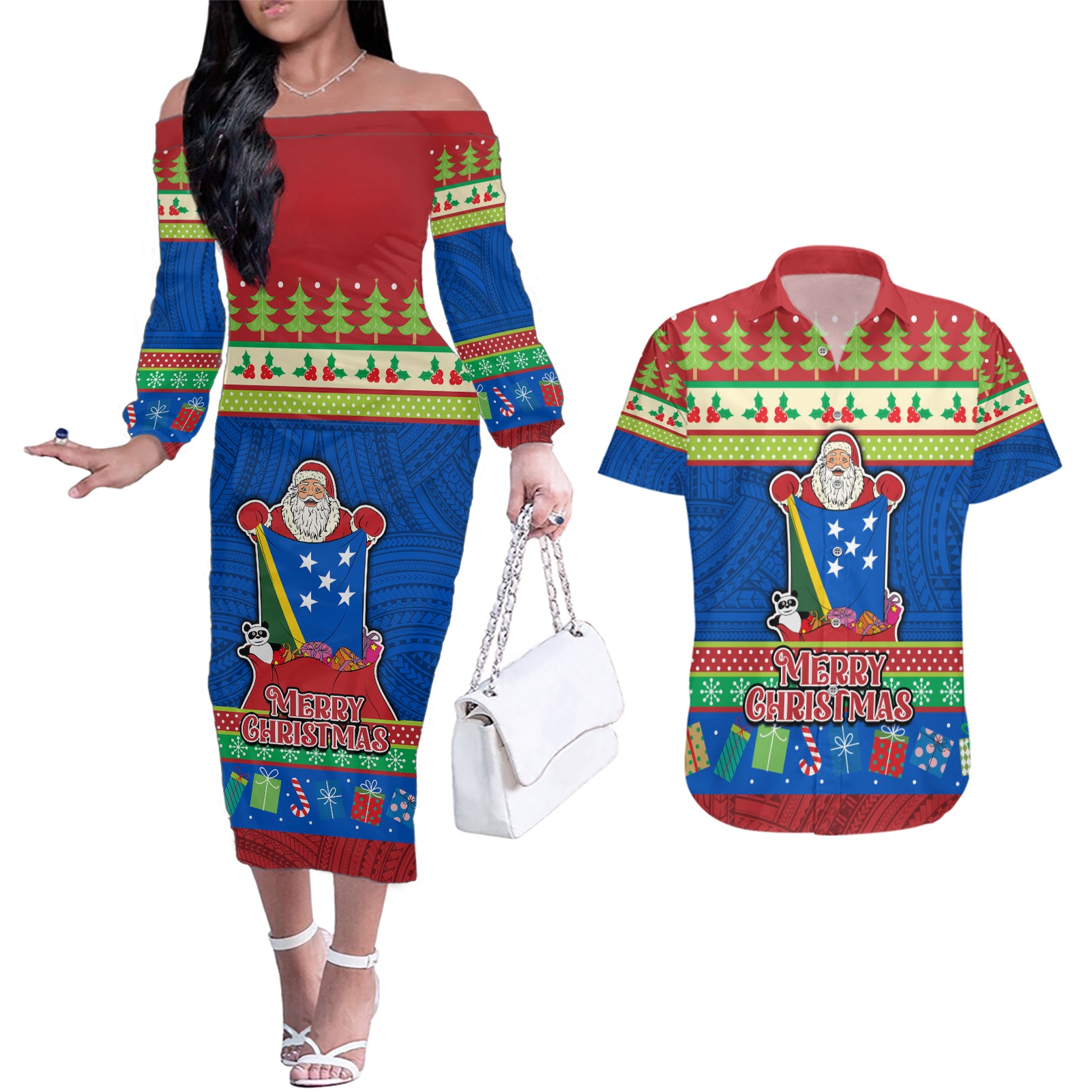 Solomon Islands Christmas Couples Matching Off The Shoulder Long Sleeve Dress and Hawaiian Shirt Santa With Flag Of Solomon Polynesian Tribal Xmas Vibe LT03 Blue - Polynesian Pride