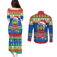 Solomon Islands Christmas Couples Matching Puletasi Dress and Long Sleeve Button Shirt Santa With Flag Of Solomon Polynesian Tribal Xmas Vibe LT03 - Polynesian Pride