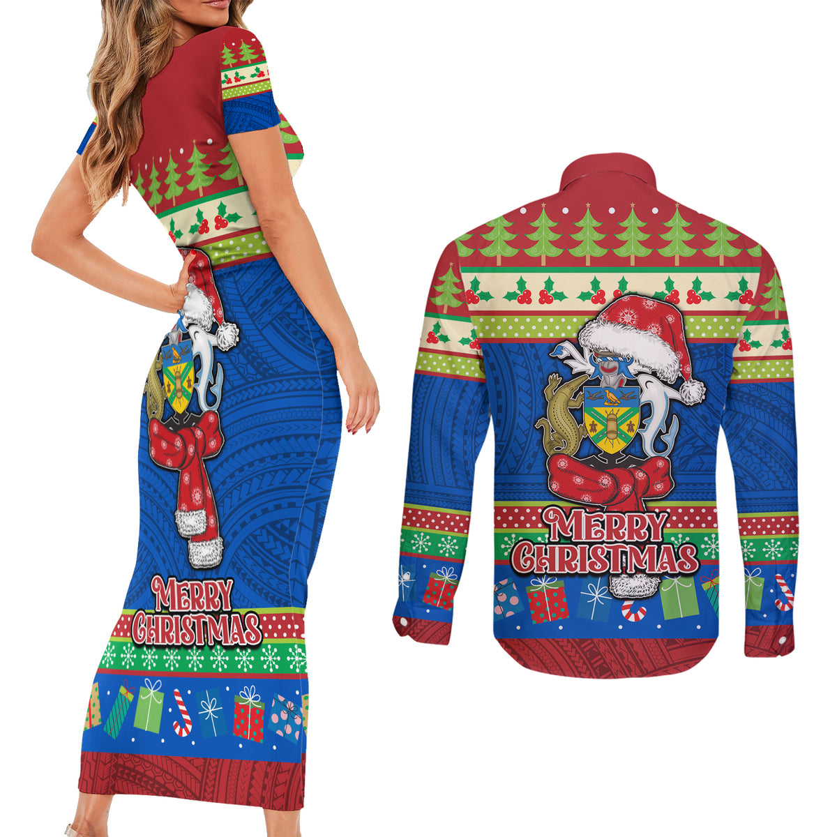 Solomon Islands Christmas Couples Matching Short Sleeve Bodycon Dress and Long Sleeve Button Shirt Santa With Flag Of Solomon Polynesian Tribal Xmas Vibe LT03 - Polynesian Pride
