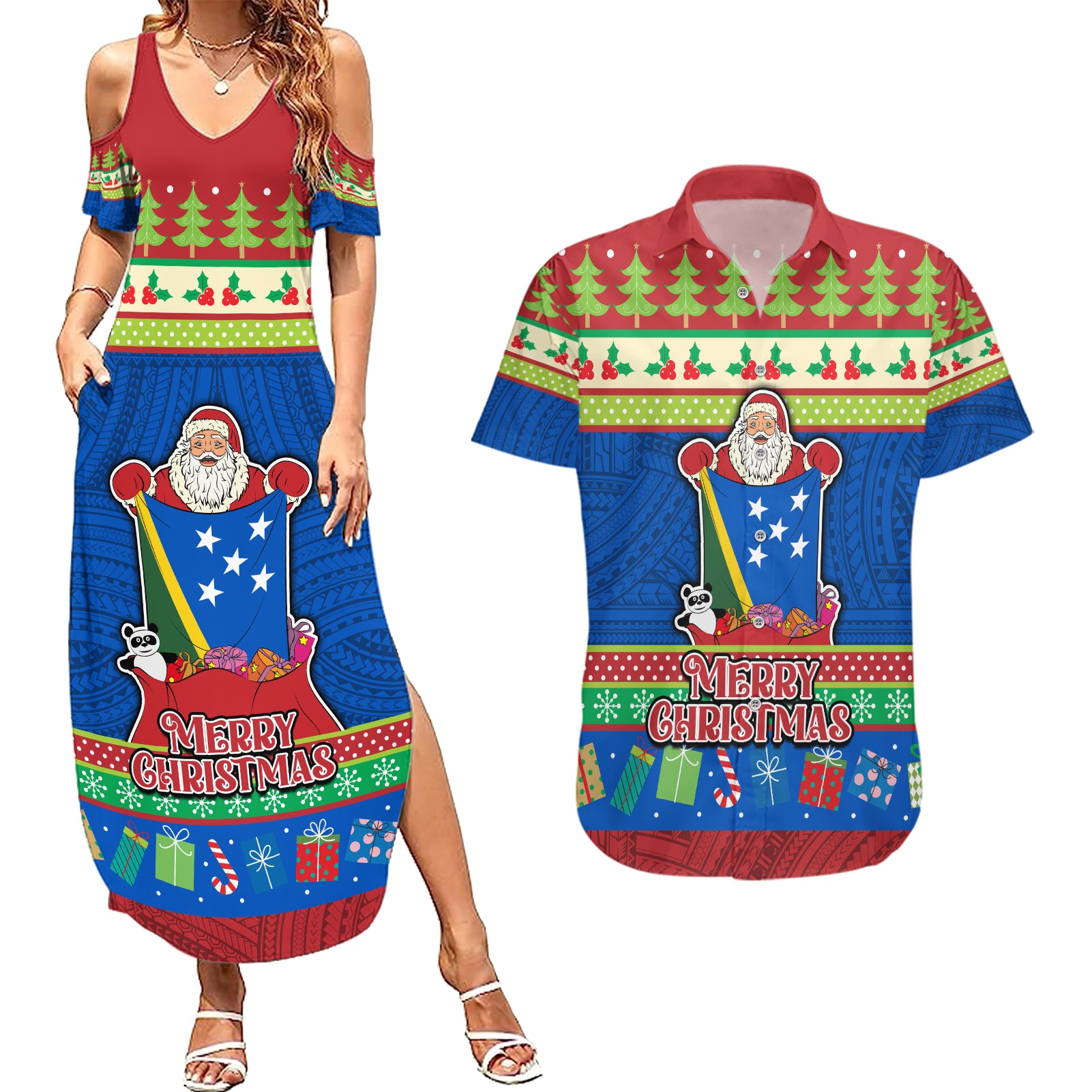 Solomon Islands Christmas Couples Matching Summer Maxi Dress and Hawaiian Shirt Santa With Flag Of Solomon Polynesian Tribal Xmas Vibe LT03 Blue - Polynesian Pride