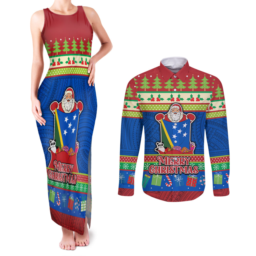 Solomon Islands Christmas Couples Matching Tank Maxi Dress and Long Sleeve Button Shirt Santa With Flag Of Solomon Polynesian Tribal Xmas Vibe LT03 Blue - Polynesian Pride