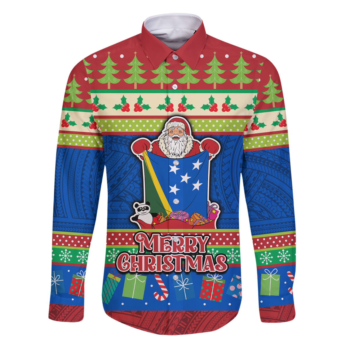Solomon Islands Christmas Family Matching Mermaid Dress and Hawaiian Shirt Santa With Flag Of Solomon Polynesian Tribal Xmas Vibe LT03 Dad's Shirt - Long Sleeve Blue - Polynesian Pride