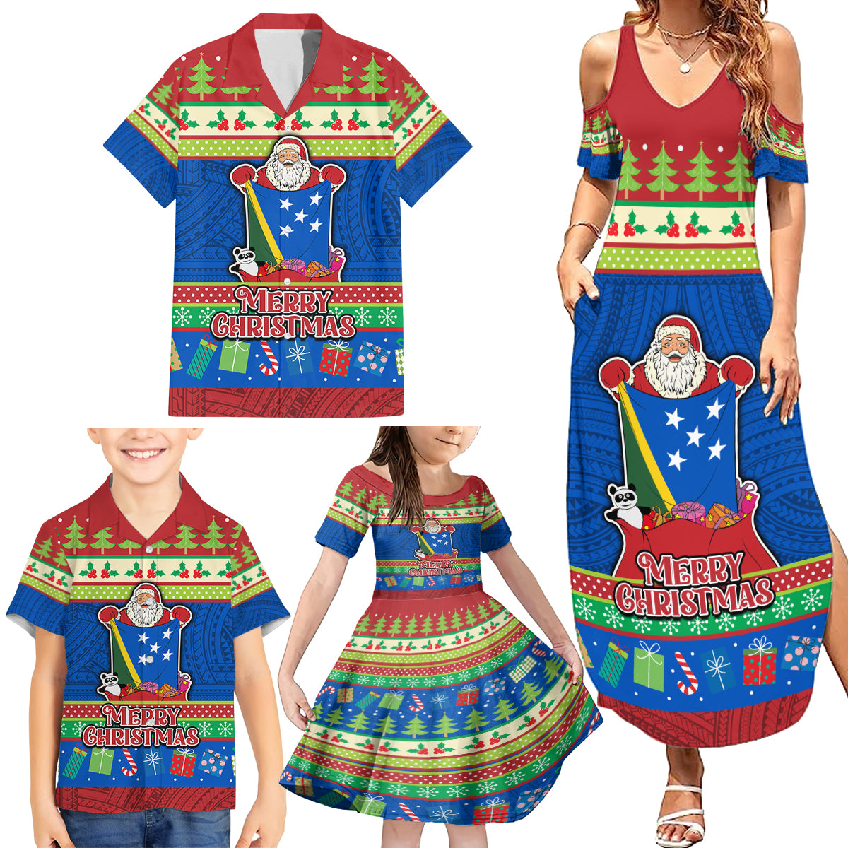 Solomon Islands Christmas Family Matching Summer Maxi Dress and Hawaiian Shirt Santa With Flag Of Solomon Polynesian Tribal Xmas Vibe LT03 - Polynesian Pride